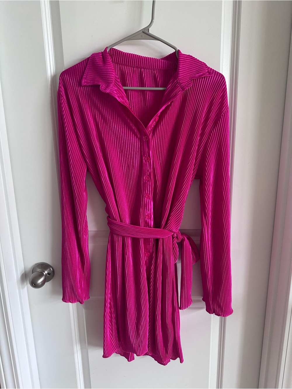 Amazon Fuchsia Ribbed Button-Front Mini Dress with Waist Tie